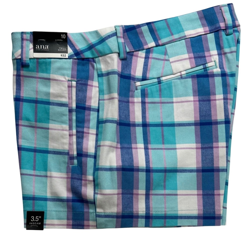 a.n.a Womens Pinwheel Plaid Twill Shorts Teal Purple Blue Size 10 NWT